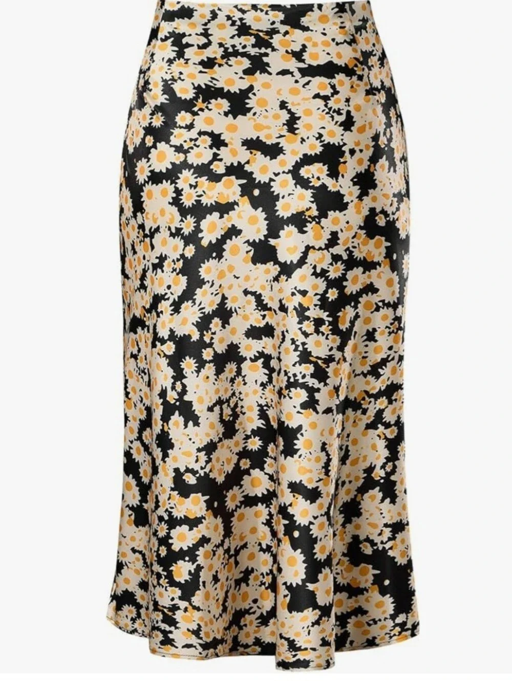 Floral Daisy Print Satin Midi Skirt - Size XL - Black & Yellow - Picture 2 of 9